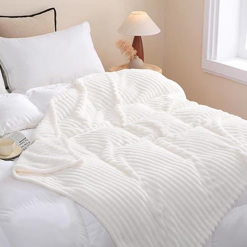 Linecooo Cream White Fleece Throw Blanket 50”×60” for Couch Sofa Bed,Super Soft Cozy Plush Microfiber Flannel Blanket with Stripes Design Lightweight for Adults,Woman,Girls thumbnail 3