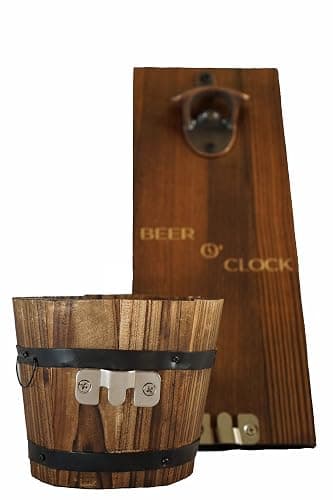 Thirsty Solutions - “Beer O’ Clock” Rustic Wall Mounted Bottle Opener and Catcher - Dark Stain Pine with Zinc Alloy Opener - Removable Wooden Bucket - Man (or Woman) Cave Ready thumbnail 3