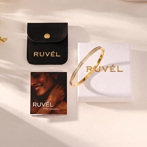 Ruvel 18K PVD Gold Plated Cubic Zirconia Bangle Bracelet for Women, Trendy, Minimalist, Dainty Thin Bangles, Waterproof, Stainless Steel, Everyday Women Gift for Mom Sister Daughter Girlfriend thumbnail 5
