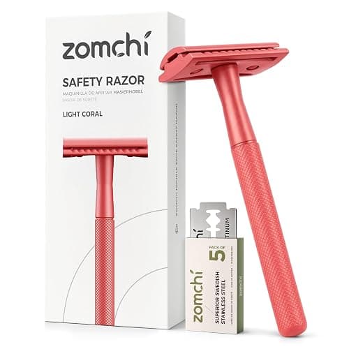 ZOMCHI Single Blade Double Edged Safety Razor with 5 Safety Razor Blades, Metal Razor for Men & Women, Single Blade Razor – Light Coral - Image 1