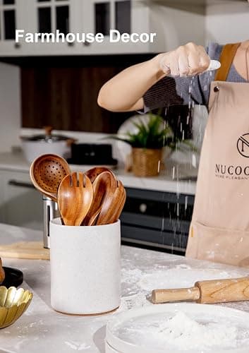Nucookery Ceramic Kitchen Utensil Holder for Countertop Organizer 6.4" Sand | cooking utensil crock for kitchen counter, sturdy non-slip base,easy to clean,vintage farmhouse kitchen decor, Christmas Gift thumbnail 2