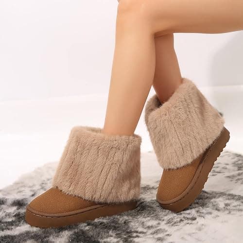 Gezolligheid Women's Faux Fur Mid Calf Snow Boots - Round Toe Suede Warm Fur Lined Platform Flat Comfort Outdoor Winter Fashion Boots thumbnail 5