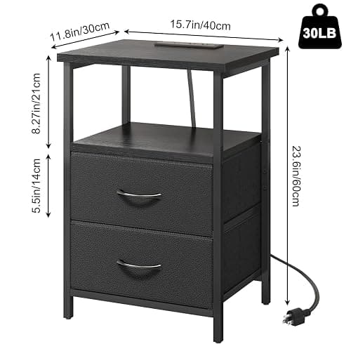 Fixwal Black Night Stand with Charger Station, Nightstand with Charging Station & Fabric Drawers thumbnail 3