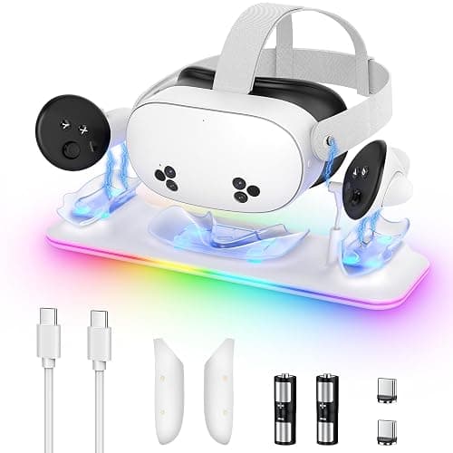 Charging Dock for Meta Quest 3S/3, Kinwin Magnetic Charging Station for Oculus Quest 3S/3 Accessories with RGB Light, Charging Stand for VR Headset and Controller with 2 Rechargeable Batteries (White) - Image 1