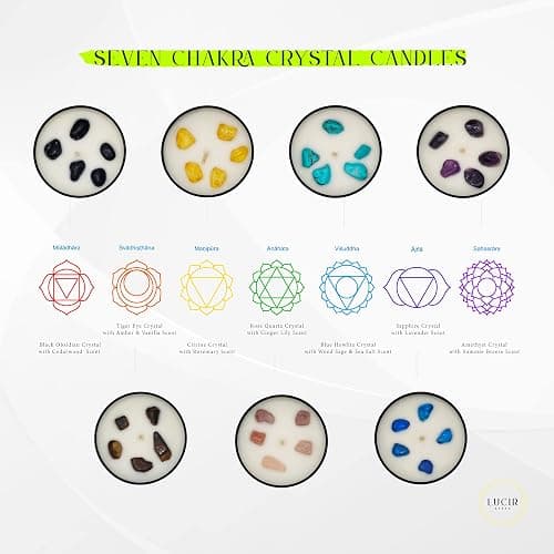 Lucir Store Healing Chakra Scented Candles Set with Surprise Wand | 7 Scented Candles with Chakra Crystals, Wand | E-Book Included thumbnail 3