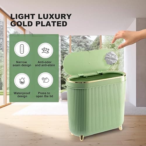 Supteron Bathroom Trash Can with Lid 3.2 Gallon Narrow Trash Can Small Plastic Trash Bin 12 Liter with Press Type Lid for Bedroom Bathroom, Mint Green thumbnail 5