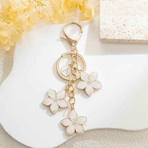 XGALBLA White/Pink/Black Big Cute Flower Initial Letter Keychain for Women, Flower Bag Charms Enameled Keychain Handbag Purse thumbnail 3