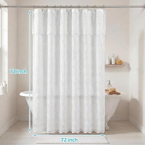 Nesphy Lace Shower Curtain with Liner Set, White 3-in-1 Shower Curtain with Attached Valance, Floral Vintage Sheer Scalloped French Country Bathroom Decor, Includes 12 Stainless Steel Hooks, 72 x 72 thumbnail 2