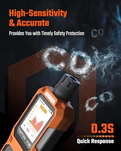 TOPTES CT-580 Portable Carbon Monoxide Detector, Rechargeable CO Detector with Vibration, Visual & Audible Alarms, 0-1000PPM, TFT Color Display for Home, Camping, Travel, Industrial & Professional Use thumbnail 2