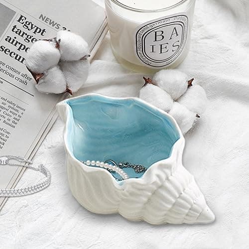 heqxwl Ceramic Jewelry Tray,Conch/Starfish/Shell Trinket Dish, Aqua Shell Trinket Dish Ceramic Ring Earring Holder Ocean-themed Decorative Trinket Plate for Rings Necklaces Bracelet Watch Keys (A) thumbnail 2