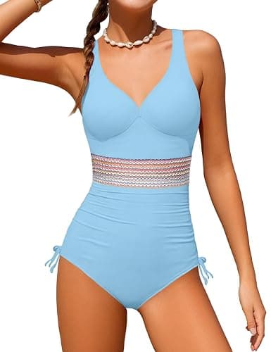 Doumlop Girls One Piece Swimsuits Color Block Girls Swimsuit V Neck Girls Bathing Suit Drawstring Girls' Swimwear 9-16 Years - Image 1
