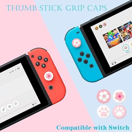 OLDZHU Coque Compatible avec Nintendo Switch,Housse de Protection Slim PC Rose pour Console NS et manettes Joy-Con, avec Protecteur d'écran en Verre et 4 poignées pour Le Pouce（Sakura Rose） thumbnail 6