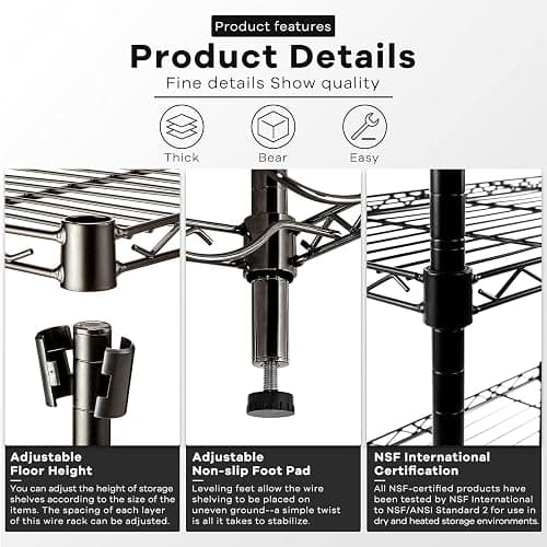 HCY 4-Tier Wire Shelving Unit Storage Shelves Shelf Organizer 54"x36"x14" Heavy Duty Metal Storage Rack NSF Height Adjustable for Laundry Bathroom Kitchen Garage Pantry Organization(Black) thumbnail 4