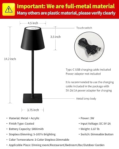 KDG Cordless Table Lamp, Portable LED Desk Lamp, 5000mAh Battery Operated, 3 Color Stepless Dimming Up, for Restaurant/Bedroom/Bars/Outdoor Party/Camping/Coffee Shop Atmosphere Night Light(Black) thumbnail 5
