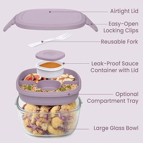 Bentgo Glass Salad Container - 7.6-Cup Salad Bowl with Airtight Lid, Leak-Proof Sauce Container, 4-Compartment Bento Tray & Reusable Fork - BPA-Free for Meal Prep, Office & More (Lavender) thumbnail 6