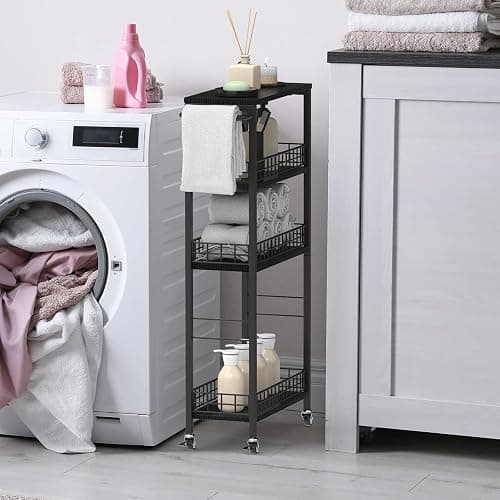 Slim Storage Cart 4 Tier Rolling Kitchen Cart Utility Serving Cart Laundry Room Narrow Cart with Handle Mobile Sheving Unit Organizer Wood Rolling Storage Cart for Bathroom Small Spaces, Modern Black thumbnail 2