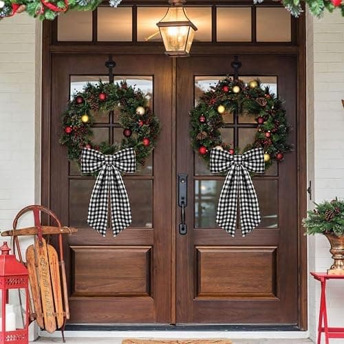 2 Pack Wreath Sash for Front Door Boxwood Wreath Sash Garland Front Door Porch Decor(White and Black Plaid) thumbnail 7