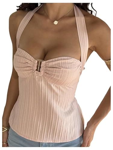 Milumia Women's Buckle Tie Backless Halter Top Y2k Pleated Going Out Tank Tops - Image 1
