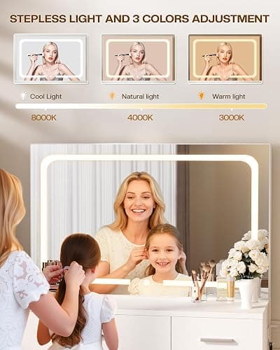 LIVELYGLOW Makeup Vanity Desk Set, White, 35.4“W x 15.7" D x 53.9" H (Large Smart LED Mirror, with Cushion Stool, Hairdryer Rack, Power-Outlet, 4 Drawers) thumbnail 3