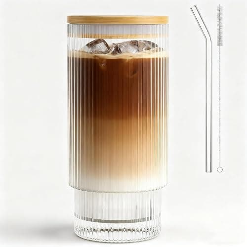 AFINSEA 16OZ Ribbed Glass Cups with Lids and Straws,Iced Coffee Cups with Lid,Vintage Glassware for Whiskey Cocktail Beer Fruit Juice Glasses Tumbler(1Pack) - Image 1