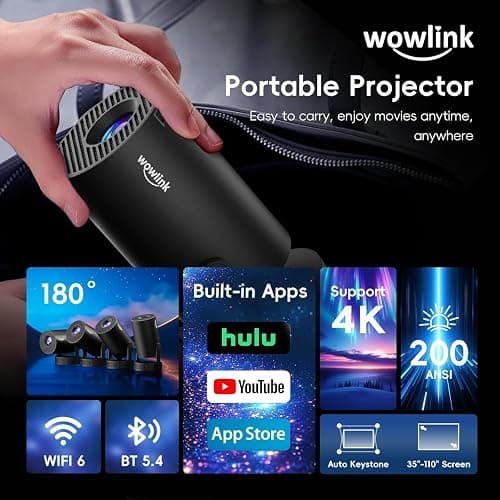 [Apps intégrées & 2026 Upgraded] Vidéoprojecteur avec WiFi 6 et Bluetooth 5.4 Mini Projecteur Supporte 4K 1080P Auto Keystone Rotation 180° Compatibile avec HDMI/TV Stick/Memory Stick/Laptop, Noir thumbnail 2