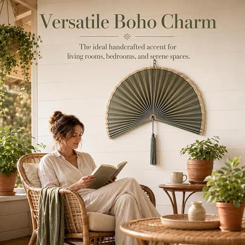 Large Wall Fan Decor, Giant Handcrafted Bamboo Folding Ornament, 30 Inch Oriental Chinese Style Hanging Art, Boho Room Accent for Bedroom, Living Area, Indoor, Above Bed, Headboard，Natural Straw thumbnail 7