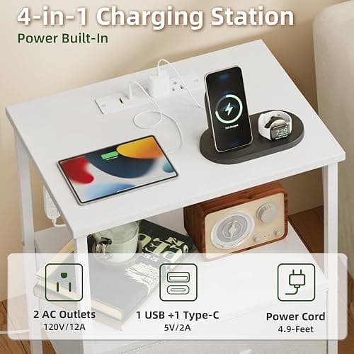 Somdot White Nightstand with Charging Station and LED Light for Bedroom, 2 Drawers Dresser with Fabric Bins for Bedside Kids Dorm Room Closet Laundry Entryway, White Leather thumbnail 5