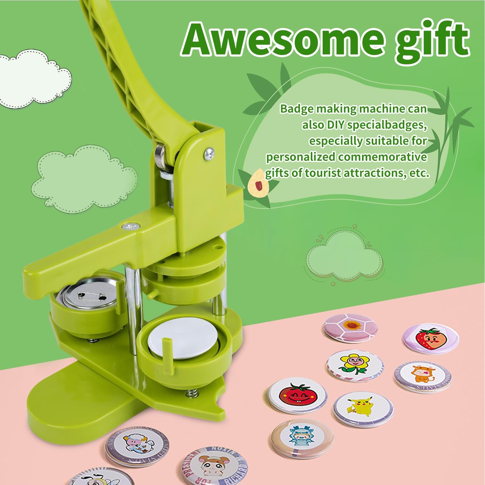 Button Badge Press Machine, Button Machine, with 100 Buttons/Picture and Circle Cutter for Characters for People, Kids DIY Gift Pin Maker (Green, 32mm) thumbnail 9
