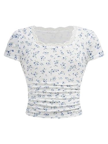 RoseSeek Girl's Ditsy Floral Print Lace T Shirt Short Sleeve Ribbed Ruched Cute Tee Shirts Summer Tops - Image 1