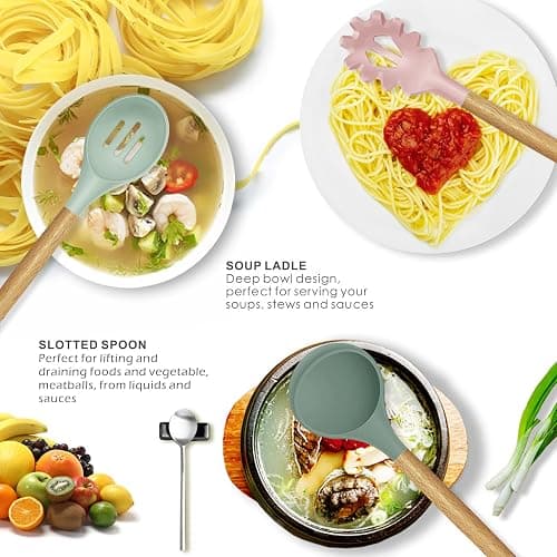 oannao Silicone Cooking Utensils Set - 446°F Heat Resistant Silicone Kitchen Utensils for Cooking,Kitchen Utensil Spatula Set w Wooden Handles, BPA FREE Gadgets for Non-Stick Cookware (Colorful) thumbnail 3