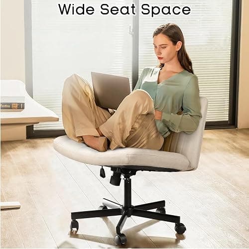 PUKAMI Criss Cross Chair with Wheels,Fabric Padded Armless Cross Legged Office Desk Chair for Home Office,Modern Swivel Height Adjustable Wide Seat(Beige) thumbnail 3