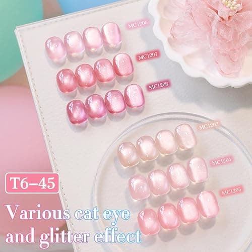 Double Rhythm Cat Eye Gel Nail Polish Set of 6 Same Color Same Bottle 0.5 Oz Shimmer Glitter with Magnet Holographic Reflective Magnetic UV Nail Polish Kit at Home (Glass Nude Pink Rose-T6-45) thumbnail 5