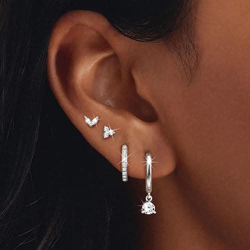 MILACOLATO 4 Pairs Silver Earrings for Women, 14K Gold Filled/Sterling Silver Filled Small Stud Hoop Earrings Set for Multiple Piercing, Hypoallergenic Cartilage Huggie Earrings Stacks Trendy Jewelry Gifts thumbnail 2