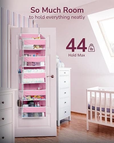 ULG 1 Pack Over Door Organizer with 5 Large Pockets 10 Mesh Side Pockets, 44 lbs Weight Capacity Hanging Storage Organizer with Clear Window Kids Toys, Shoes, Diapers, Pink thumbnail 7