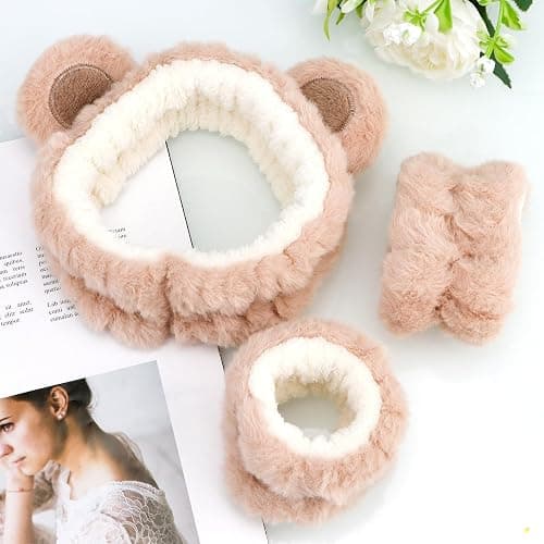 Canitor Face Wash Headband with Wrist Towels - Soft Coral Fleece Spa Makeup Headband, Cute Animal Elastic Skincare Design with Bear Ears thumbnail 6