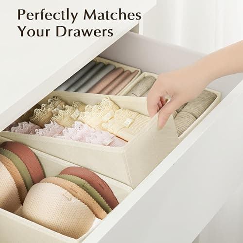 DIMJ Drawer Organizers Clothes, Dresser Organizer Bins for Baby Clothes,Underwear and Sock, Fabric Closet Organization and Storage Boxs, Drawer Dividers for Nursery, Clothing, Tie - 4 Pack, Beige thumbnail 6
