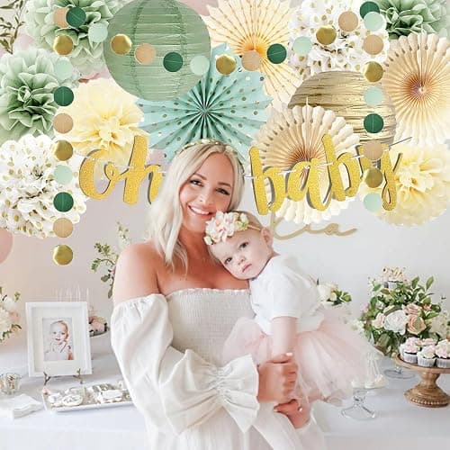 Sage Green Baby Shower Decorations Oh Baby Banner Tissue Paper Pom Poms Flowers Paper Fans Circle Dot Garland Neutral Party Supplies Boy Girl Gender Reveal Birthday Party Decorations thumbnail 2
