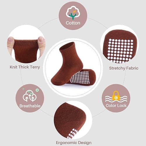 JAKIDAR 12 Pack Baby Toddler Socks Non Slip Grip Cotton Crew Socks for Boys Girls Infants Kids thumbnail 4