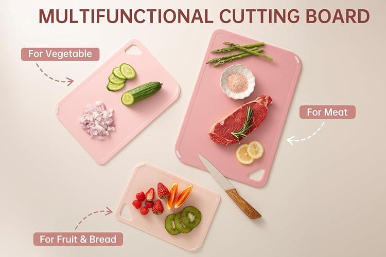 THETCHRY Plastic Cutting Board Set, Pink Cutting Board with Non-slip, Cutting Board for Kitchen Set of 3, Dishwasher Safe, BPA Free, Reversible, with Grip Handle, Pink thumbnail 6