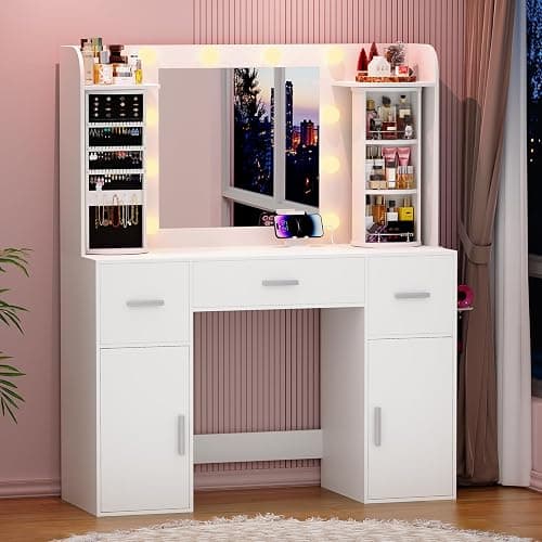 EasyCom Vanity Desk with Rotating Jewelry Organizers, Makeup Vanity with Mirror and Lights, Dressing Table with USB-C Charging Station, 3 Drawers and 2 Cabinets for Bedroom, Dressing Room, White thumbnail 9