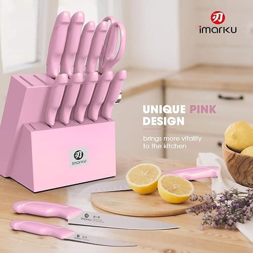 imarku Knife Set with Block, Sharp Knife Set with Built-in Sharpener, Japanese Stainless Steel Kitchen Knife Set with Non-Slip Ergonomic Handle, Dishwasher Safe, Valentine's Day Gifts, 14 PCS, Pink thumbnail 3