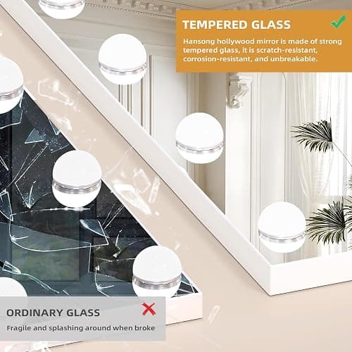 Hansong Vanity Mirror with Lights and Bluetooth Speaker 32"x 22.8" Hollywood Makeup Mirror with 18 LED Bulbs, Large Lighted Mirror with 3 Color Modes, USB Charging, 10x Magnification, Tempered Glass thumbnail 7