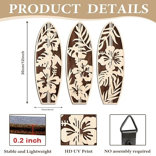 VGICH Hibiscus Surfboard Wall Decor - 3 Piece Wooden Beach Wall Art for Bedroom, Tropical Living Room Decor(Beige) thumbnail 3