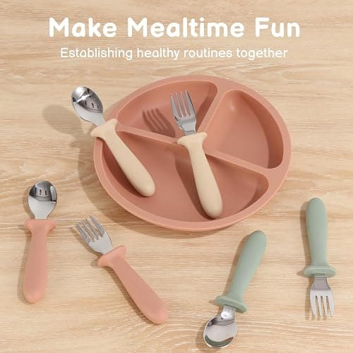 Eascrozn 6 Pack Toddler Utensils, kids Silverware with Silicone Handle, 18/8 Stainless Steel Children Safe Spoons and Forks Set Baby Feeding Essentials, Dishwasher Safe thumbnail 6