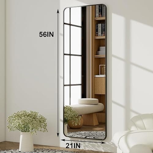 HARRITPURE 56" x 21“ Full Length Mirror - Rounded Corner Floor Mirror with Stand, Black Aluminum Frame Full Body Mirror, Hanging/Leaning/Standing Mirror for Bedroom, Cloakroom thumbnail 3
