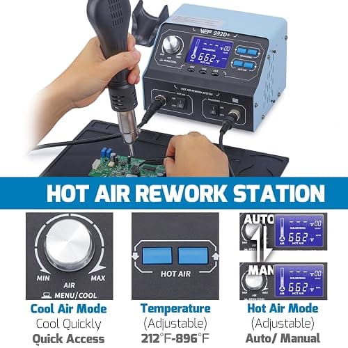 WEP 992D+ 2-in-1 Soldering Iron Kit and Hot Air Rework Station with 3 Preset Channels, LCD Display, Interchangeable Handles, Sleep Mode, X-2 Iron Holder, 5 Iron Tips, Desoldering Pump and Tweezers thumbnail 6