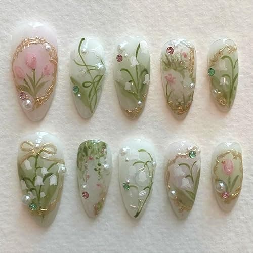 24Pcs Flower Press on Nails Medium Almond Fake Nails Green Leaf with White Flower Design Gilding Full Cover Artificial Glue on Nails Handmade False Nails Spring Summer Stick on Nails for Women DIY - Image 1