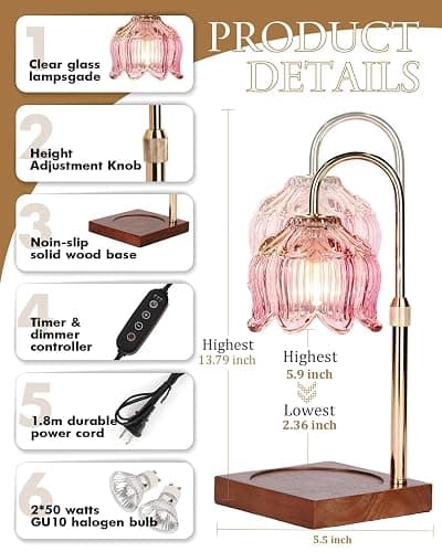 Pink Candle Warmer Lamp with Timer & Dimmer, Candle Lamp Warmer Adjustable Height, Christmas Birthday Gifts for Women Mom, House Warming New Home Bedroom Decor, Flower Wax Warmer for Jar Candle thumbnail 2