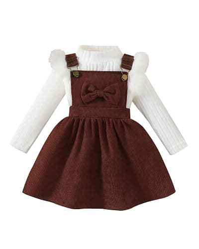 Megeoly Toddler Baby Girl Outfits Long Sleeve Ribbed T-Shirt Bow Overall Dresses Suspender Skirt Set Fall Winter Clothes - Image 1