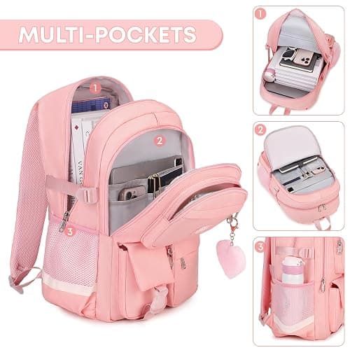 qodbopack School Backpack For Student Women College Middle High Teen Girls Bookbag Waterproof Laptop Bag Pink thumbnail 4